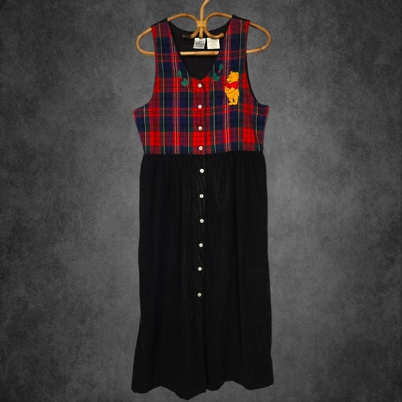 Vintage Winnie Pooh Bear Plaid Sleeveless Buttondown Dress Embroidered Detail - Picture 1 of 6